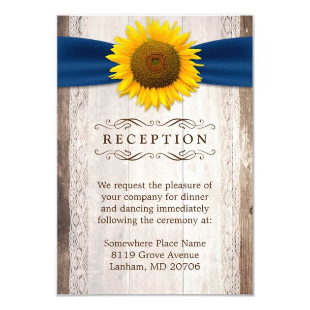 Sunflower Ribbon Rustic Wood Wedding Reception Card