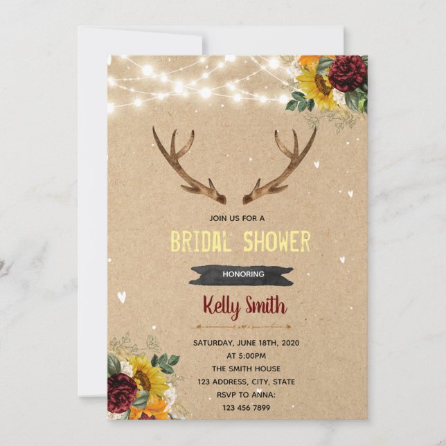Sunflower rose antler theme invitation (Front)