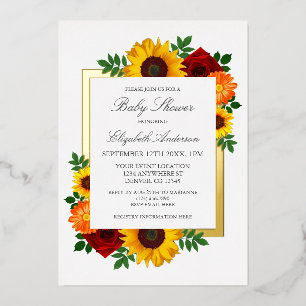Sunflower Rose Autumn Floral Baby Shower Foil Invitation