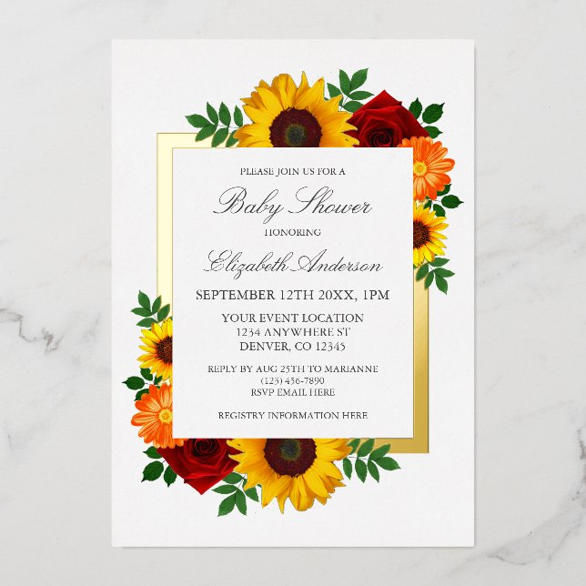 Sunflower Rose Autumn Floral Baby Shower Foil Invitation (Front)