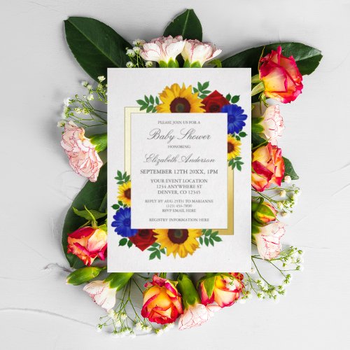 Sunflower Rose Autumn Floral Baby Shower Foil Invitation