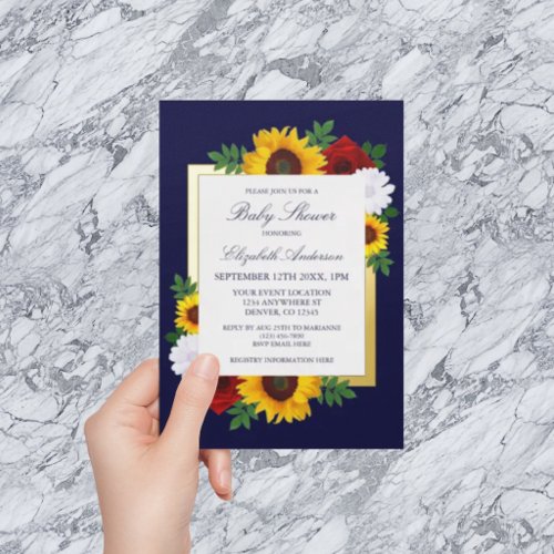 Sunflower Rose Autumn Floral Baby Shower Foil Invitation