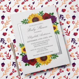 Sunflower Rose Autumn Floral Baby Shower Foil Invitation