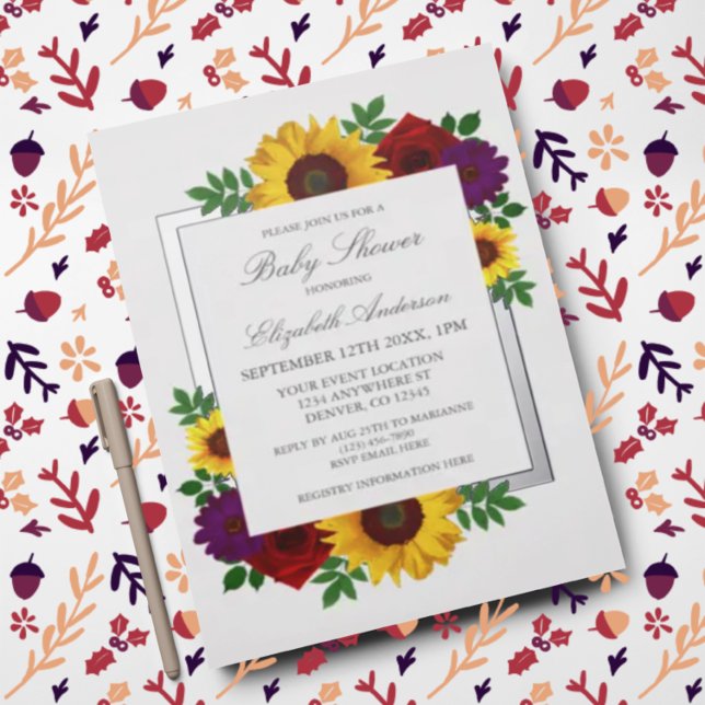 Sunflower Rose Autumn Floral Baby Shower Foil Invitation (Creator Uploaded)