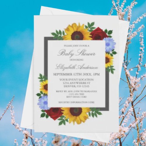 Sunflower Rose Autumn Floral Baby Shower Invitation