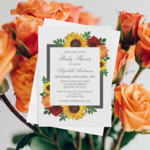 Sunflower Rose Autumn Floral Baby Shower Invitation