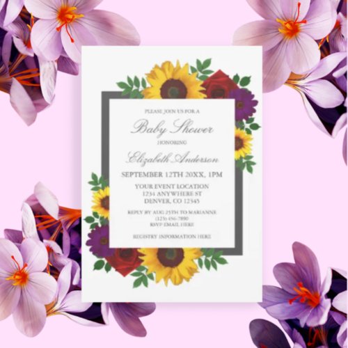 Sunflower Rose Autumn Floral Baby Shower Invitation