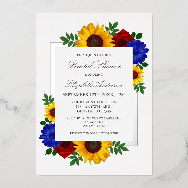 Sunflower Rose Autumn Floral Bridal Shower Foil Invitation (Front)