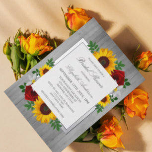 Sunflower Rose Autumn Floral Wood Bridal Shower Foil Invitation