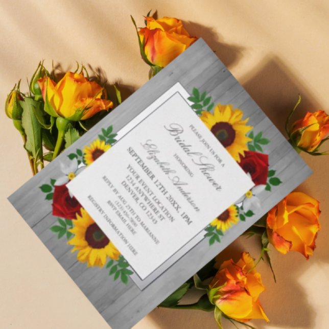 Sunflower Rose Autumn Floral Wood Bridal Shower Foil Invitation (Creator Uploaded)