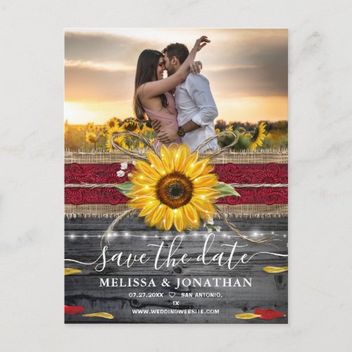 Sunflower Rose Burgundy Lace Rustic Save the Date Postcard