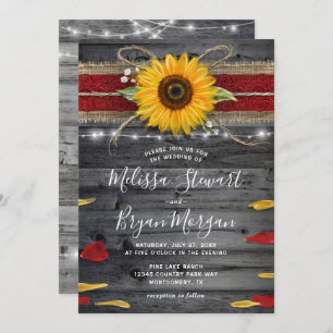 Sunflower Rose Burgundy Lace Rustic Wood Wedding Invitation