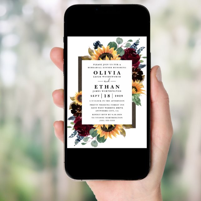 Sunflower Rose Burgundy Navy Blue Rehearsal Dinner Invitation (Front Digital)