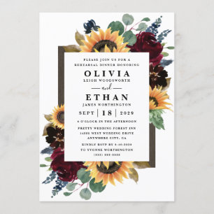 Sunflower Rose Burgundy Navy Blue Rehearsal Dinner Invitation