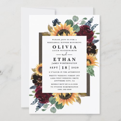 Sunflower Rose Burgundy Navy Blue Rehearsal Dinner Invitation - Design features elegant watercolor roses, peonies, wildflowers and sunflowers in various shades of burgundy red, navy blue and more over a wreath of eucalyptus greenery. Design also features a barn wood frame underneath the wreath. A unique font layout compliments the overall design. You can change the background color on the front and back to the color of your choice or leave both set to white. View the collection on this page to find matching wedding stationery products.