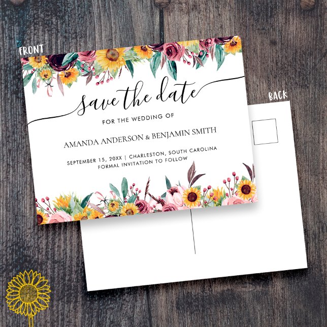 Sunflower Rose Burgundy Rustic Fall Floral Wedding Postcard (Creator Uploaded)