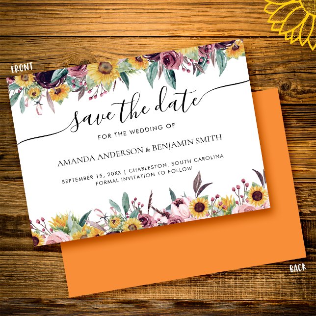 Sunflower Rose Burgundy Rustic Fall Floral Wedding Save The Date (Creator Uploaded)
