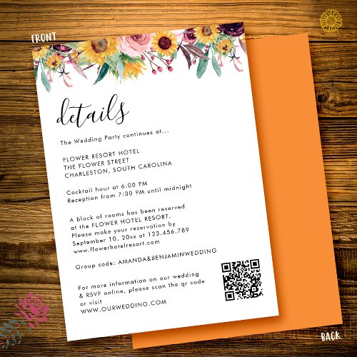 Sunflower Rose Burgundy Rustic QR Code Wedding Enclosure Card