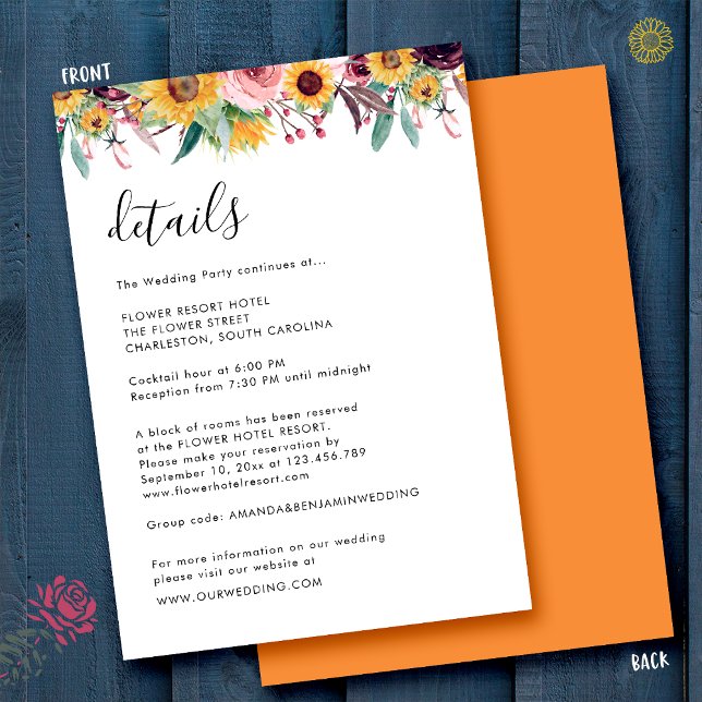 Sunflower Rose Burgundy Rustic Wedding Details Enclosure Card (Creator Uploaded)