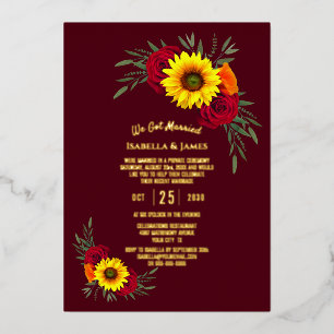 Sunflower Rose Burgundy Wedding Reception Foil Invitation