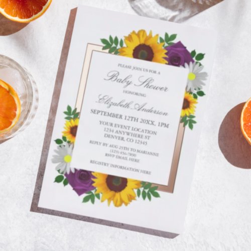 Sunflower Rose Daisy Autumn Floral Baby Shower Foil Invitation