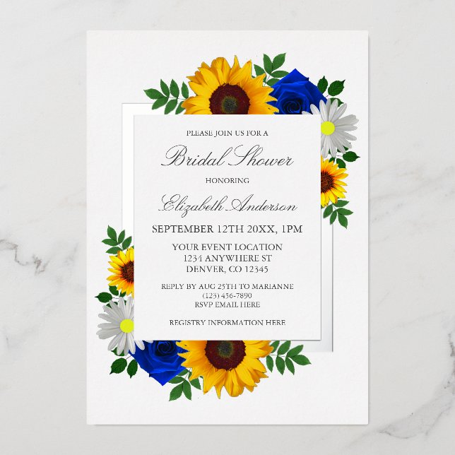 Sunflower Rose Daisy Autumn Floral Bridal Shower Foil Invitation (Front)