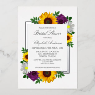 Sunflower Rose Daisy Autumn Floral Bridal Shower Foil Invitation