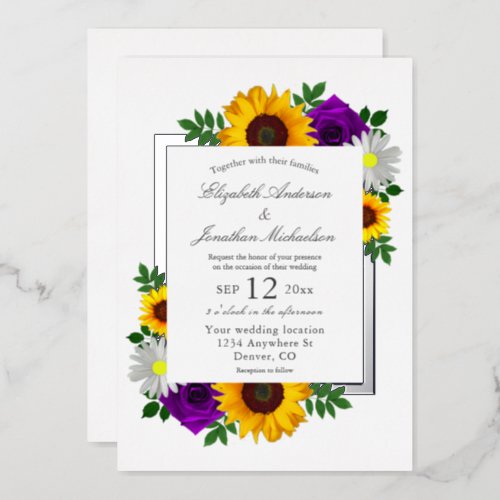 Sunflower Rose Daisy Autumn Floral Wedding Foil Invitation