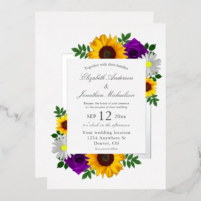 Sunflower Rose Daisy Autumn Floral Wedding Foil Invitation (Front/Back)