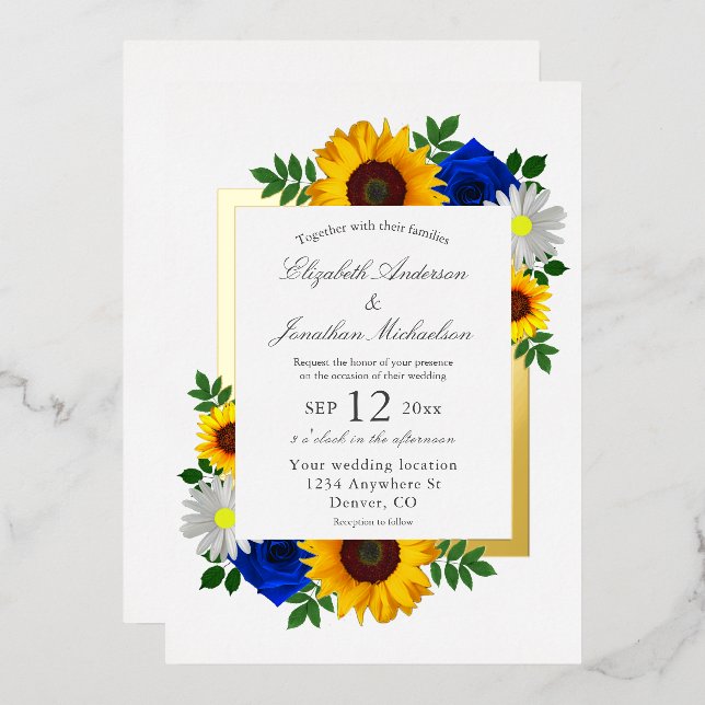Sunflower Rose Daisy Autumn Floral Wedding Foil Invitation (Front/Back)