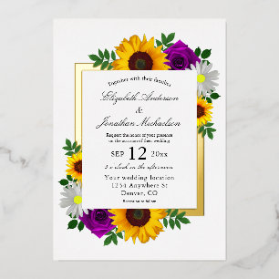 Sunflower Rose Daisy Autumn Floral Wedding Foil Invitation