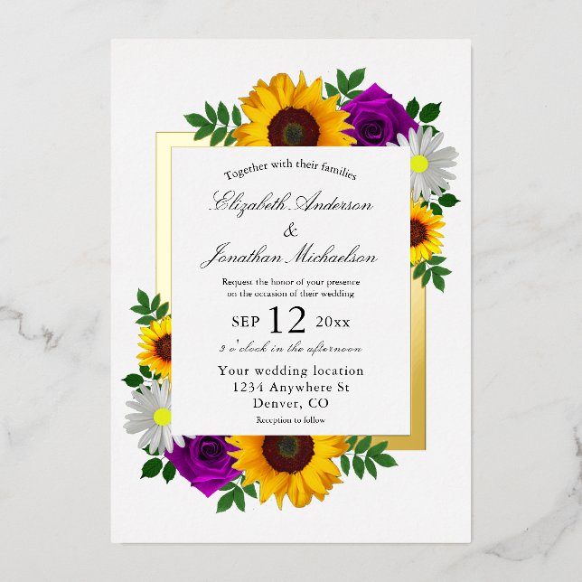 Sunflower Rose Daisy Autumn Floral Wedding Foil Invitation (Front)