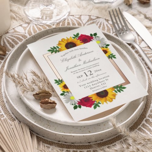 Sunflower Rose Daisy Autumn Floral Wedding Foil Invitation