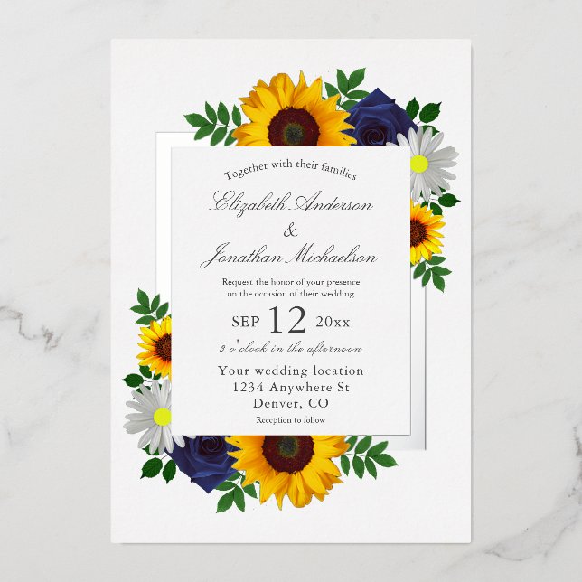 Sunflower Rose Daisy Autumn Floral Wedding Foil Invitation (Front)