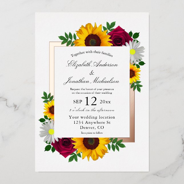 Sunflower Rose Daisy Autumn Floral Wedding Foil Invitation (Front)