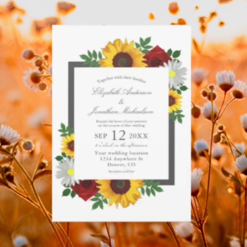 Sunflower Rose Daisy Autumn Floral Wedding Invitation