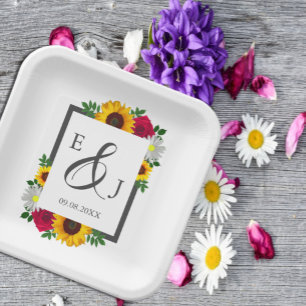 Sunflower Rose Daisy Autumn Floral Wedding Paper Plates