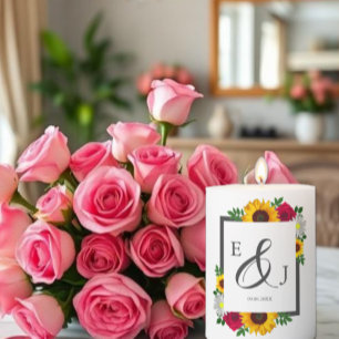 Sunflower Rose Daisy Autumn Floral Wedding Pillar Candle