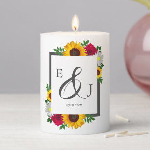 Sunflower Rose Daisy Autumn Floral Wedding Pillar Candle