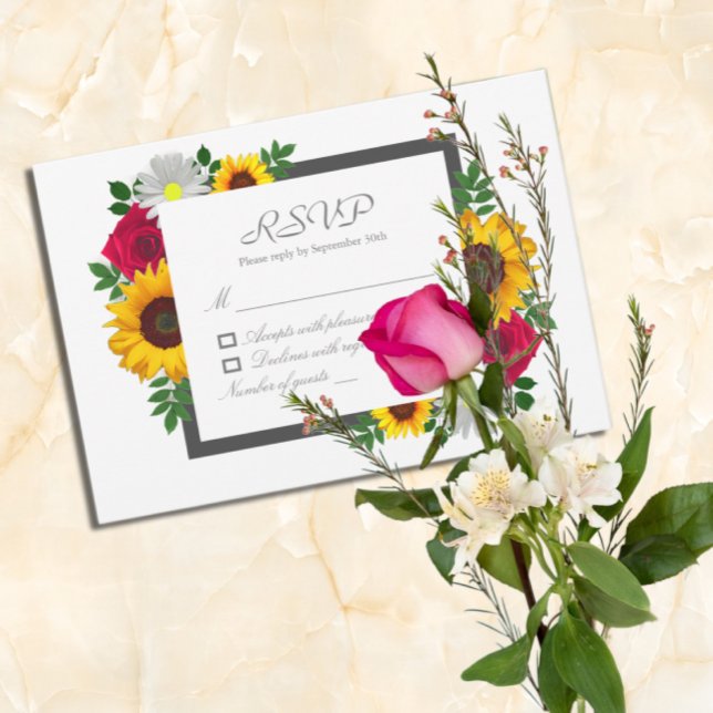 Sunflower Rose Daisy Autumn Floral Wedding RSVP Card (Creator Uploaded)