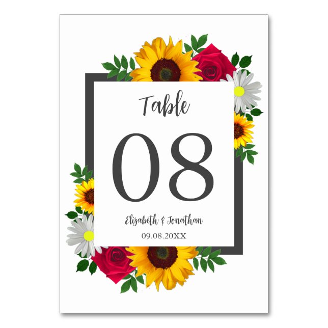 Sunflower Rose Daisy Autumn Floral Wedding Table Number (Front)