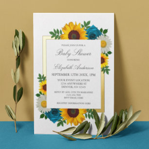 Sunflower Rose Daisy Floral Baby Shower Foil Invitation