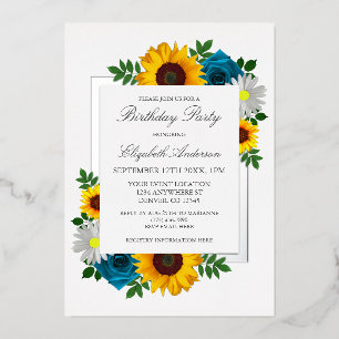 Sunflower Rose Daisy Floral Birthday Foil Invitation