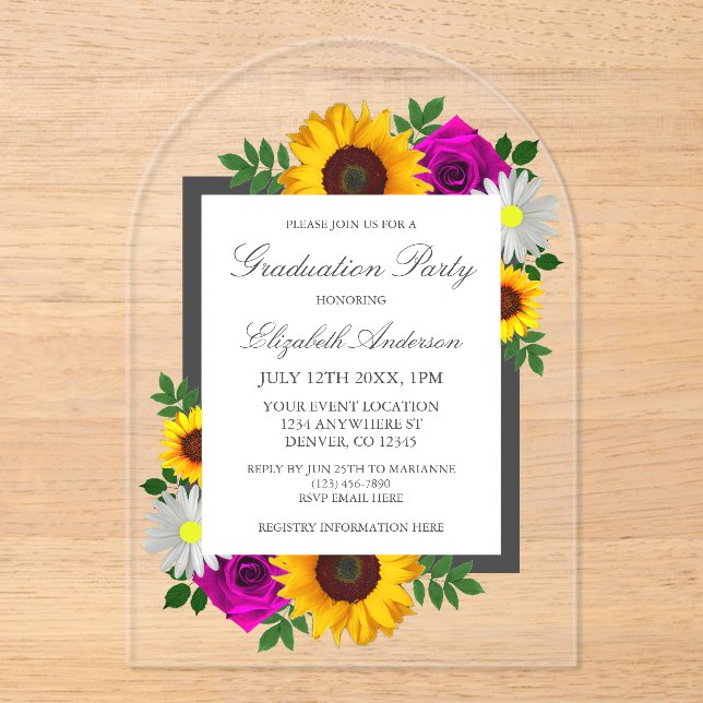Sunflower Rose Daisy Floral Graduation Acrylic Invitations (Front)