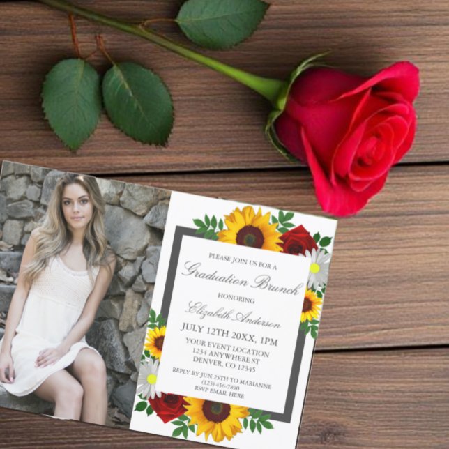 Sunflower Rose Daisy Floral Graduation Brunch Invitation (Creator Uploaded)