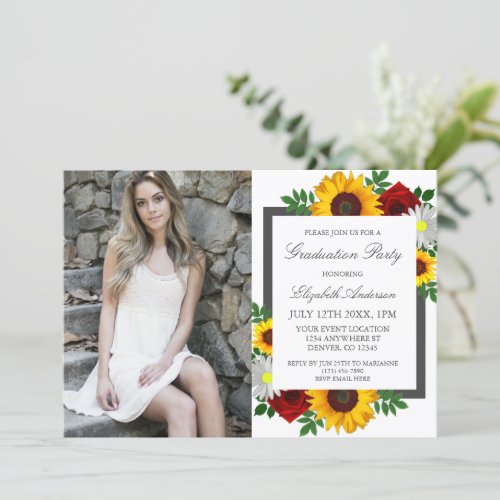 Sunflower Rose Daisy Floral Graduation Party Invitation