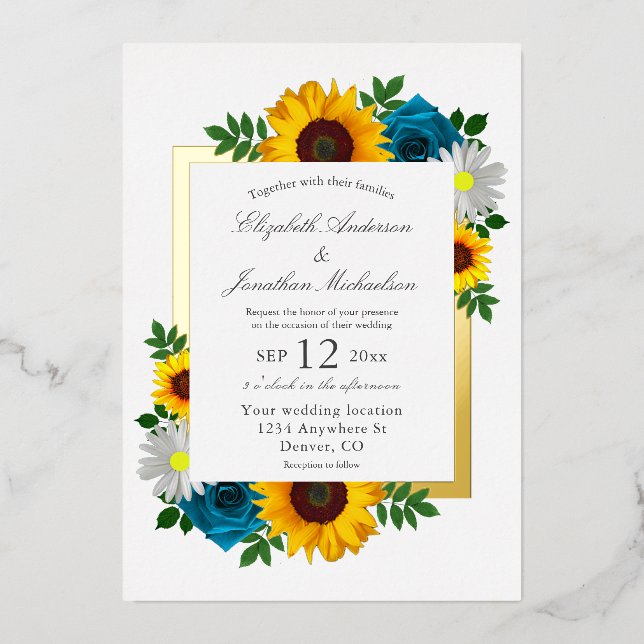 Sunflower Rose Daisy Floral Wedding Foil Invitation (Front)