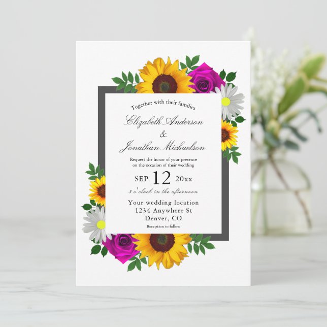 Sunflower Rose Daisy Floral Wedding Invitation (Standing Front)