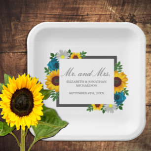 Sunflower Rose Daisy Floral Wedding Paper Plates