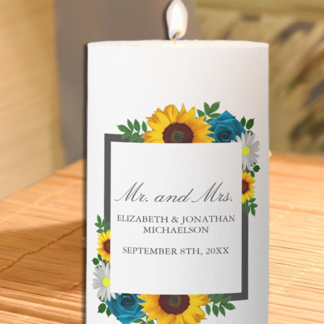 Sunflower Rose Daisy Floral Wedding Pillar Candle (Creator Uploaded)